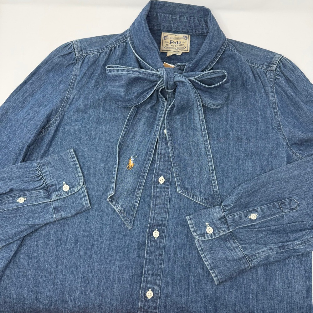 Polo Ralph Lauren Womens Indigo Denim Necktie Bow Button Down Shirt Size 12 NWT